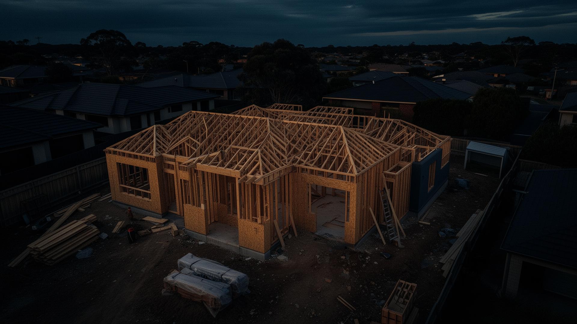 Comfortable Homes new build construction site at dusk in Melbourne